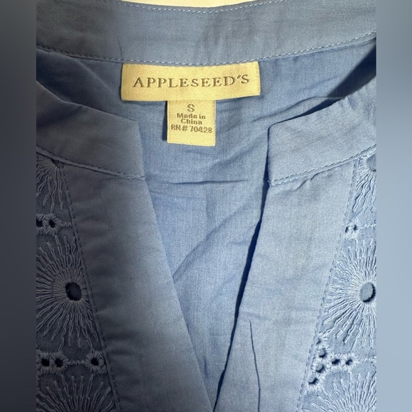 Appleseed’s Women’s Eyelet Tunic Side Slits V Neck Vista Blue Embroidered Small - Picture 6 of 11